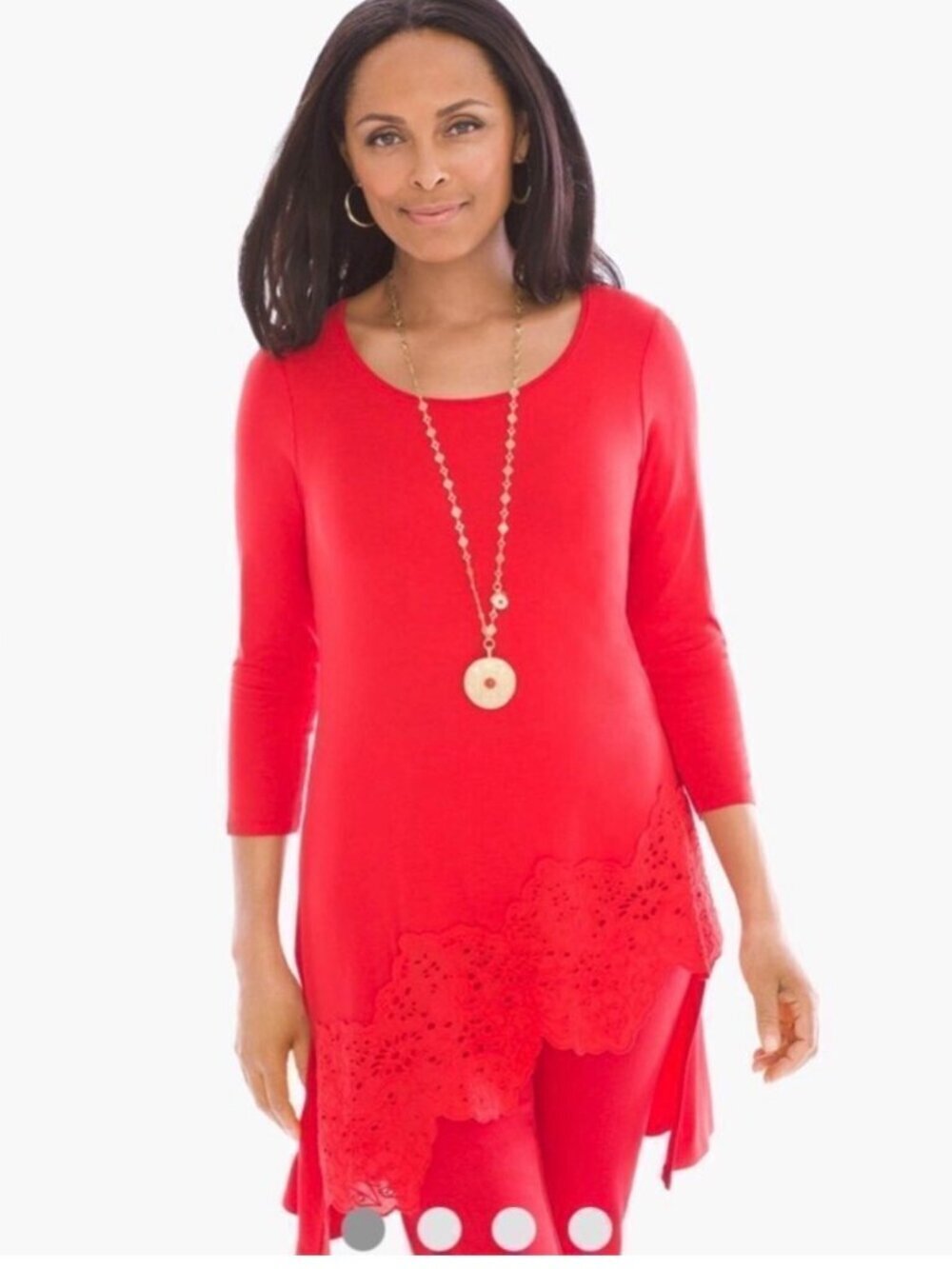 Chico's Size 3 Tunic Top Coral Lace Asymmetrical Hem 3/4 Sleeves Stretch Art Xl